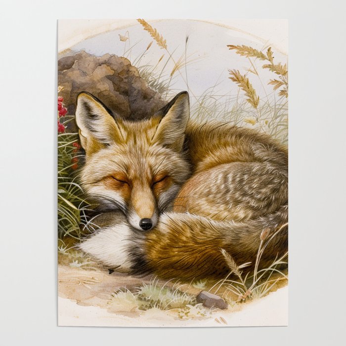 Fox Sleeping Vintage Illustration Poster Gallery Image 4