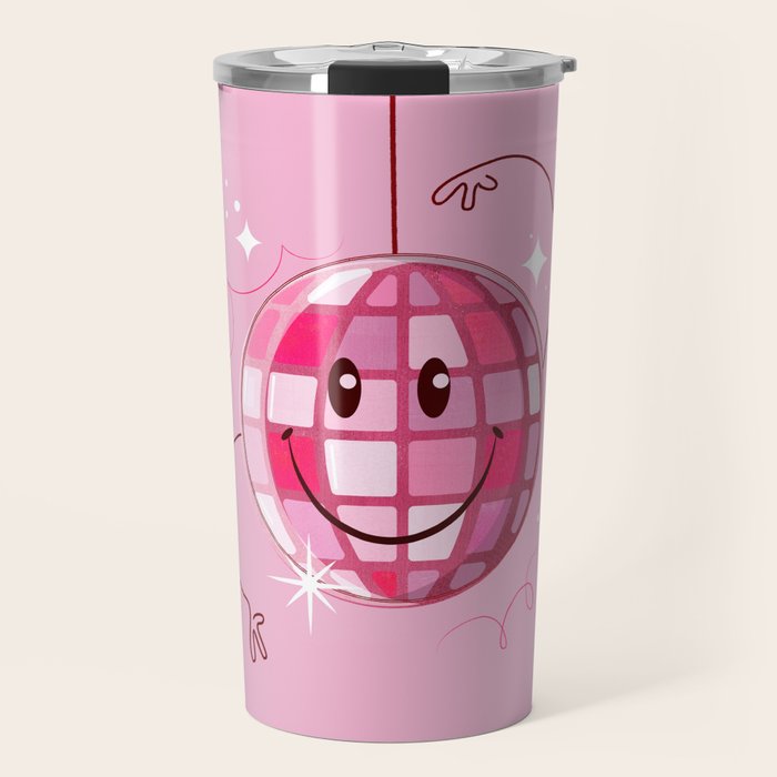 Smiley Pink Disco Ball Travel Mug Gallery Image 1