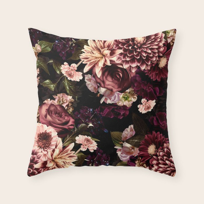 Vintage & Shabby Chic- Real Chrysanthemums Lush Midnight Flowers Botanical Garden Throw Pillow Gallery Image 1
