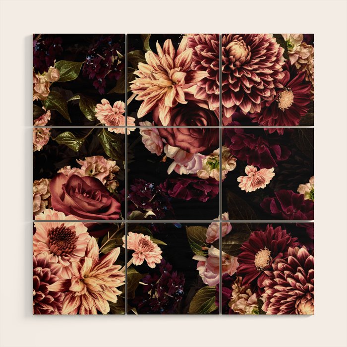 Vintage & Shabby Chic- Real Chrysanthemums Lush Midnight Flowers Botanical Garden Wood Wall Art Gallery Image 1