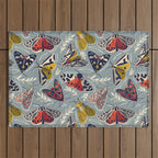 Quirky beautiful moths // morning blue textured background oxford navy blue ivory yellow and red tiger moth insects Outdoor Rug Gallery Image 1