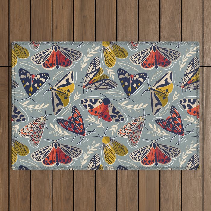 Quirky beautiful moths // morning blue textured background oxford navy blue ivory yellow and red tiger moth insects Outdoor Rug Gallery Image 1