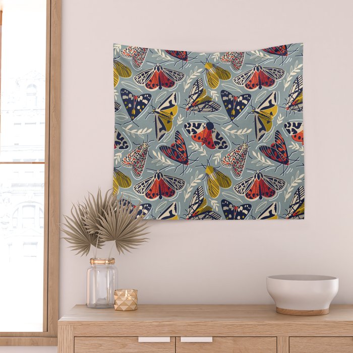 Quirky beautiful moths // morning blue textured background oxford navy blue ivory yellow and red tiger moth insects Wall Tapestry Gallery Image 2