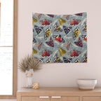 Quirky beautiful moths // morning blue textured background oxford navy blue ivory yellow and red tiger moth insects Wall Tapestry Gallery Image 2