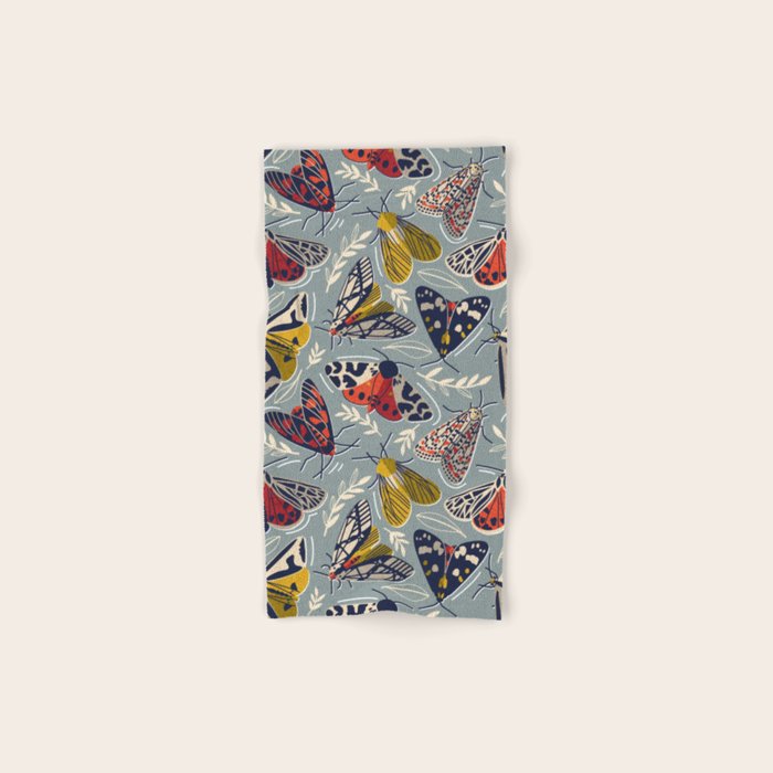 Quirky beautiful moths // morning blue textured background oxford navy blue ivory yellow and red tiger moth insects Bath Towel Gallery Image 1