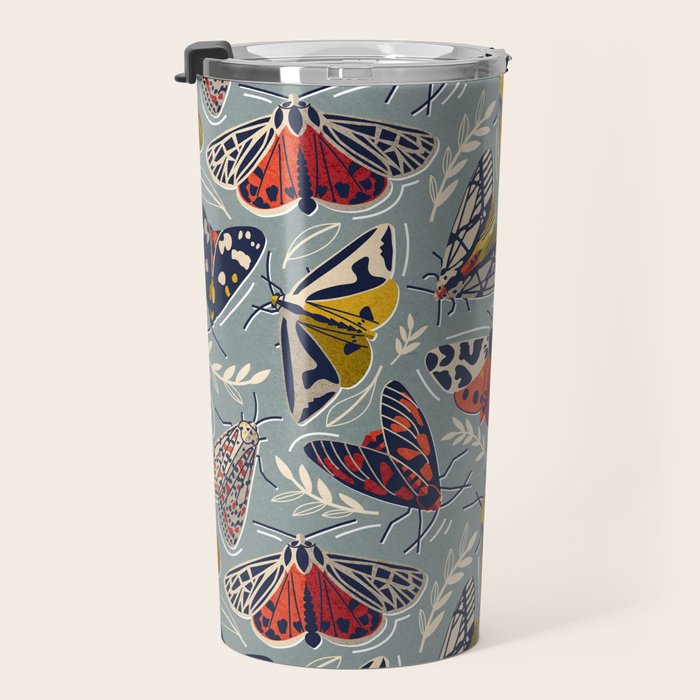 Quirky beautiful moths // morning blue textured background oxford navy blue ivory yellow and red tiger moth insects Travel Mug Gallery Image 3