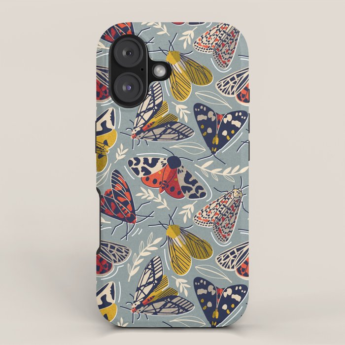 Quirky beautiful moths // morning blue textured background oxford navy blue ivory yellow and red tiger moth insects iPhone Case Gallery Image 1