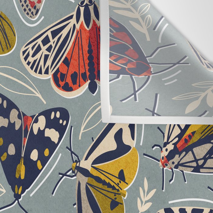 Quirky beautiful moths // morning blue textured background oxford navy blue ivory yellow and red tiger moth insects Wall Tapestry Gallery Image 3