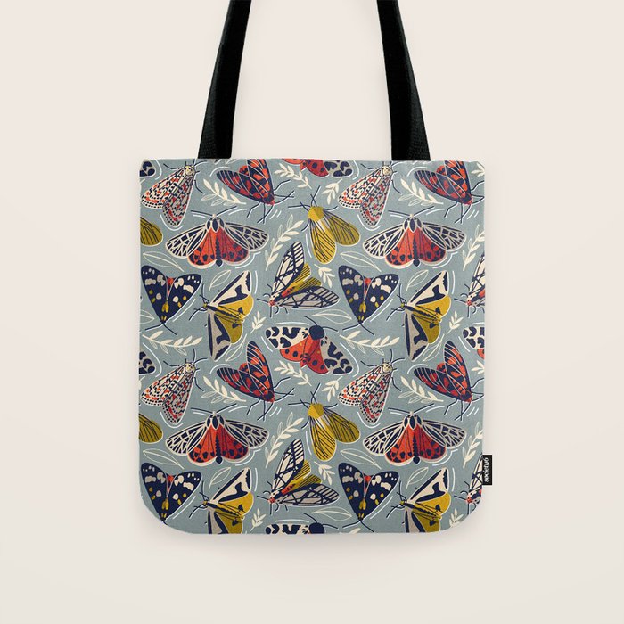 Quirky beautiful moths // morning blue textured background oxford navy blue ivory yellow and red tiger moth insects Tote Bag Gallery Image 1