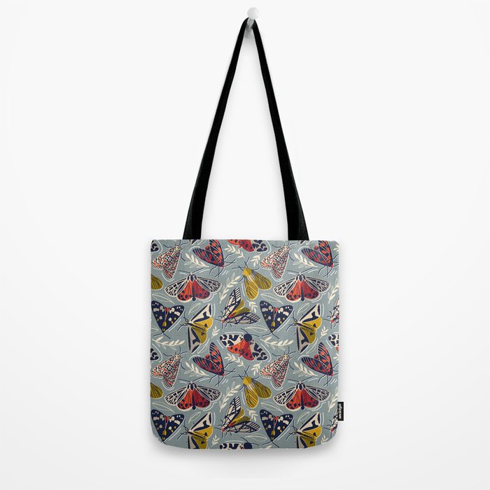 Quirky beautiful moths // morning blue textured background oxford navy blue ivory yellow and red tiger moth insects Tote Bag Gallery Image 2