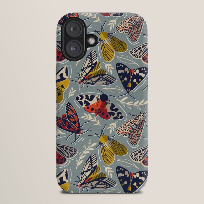 Quirky beautiful moths // morning blue textured background oxford navy blue ivory yellow and red tiger moth insects iPhone Case Gallery Image 10