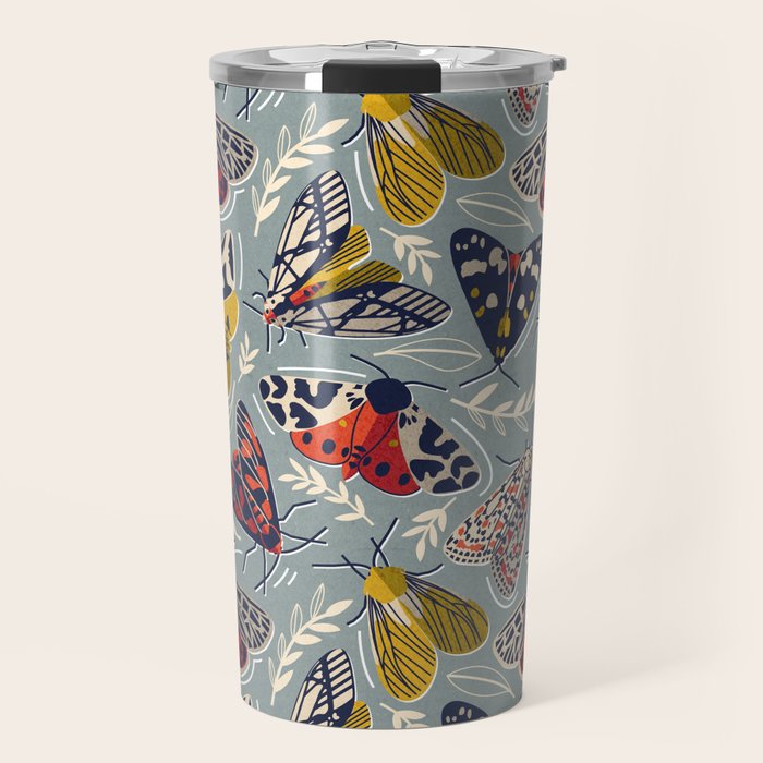 Quirky beautiful moths // morning blue textured background oxford navy blue ivory yellow and red tiger moth insects Travel Mug Gallery Image 1