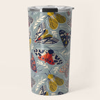 Quirky beautiful moths // morning blue textured background oxford navy blue ivory yellow and red tiger moth insects Travel Mug Gallery Image 1