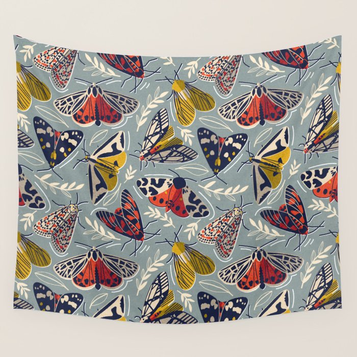 Quirky beautiful moths // morning blue textured background oxford navy blue ivory yellow and red tiger moth insects Wall Tapestry Gallery Image 1