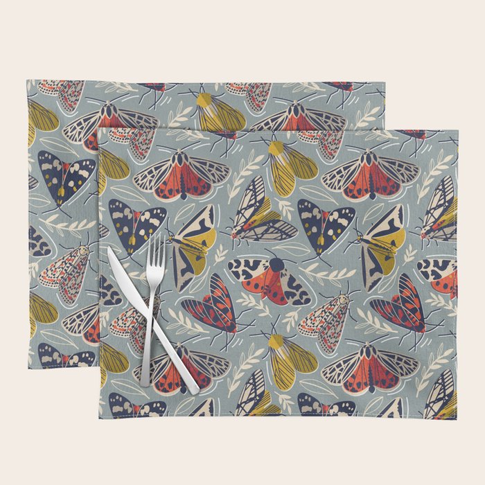 Quirky beautiful moths // morning blue textured background oxford navy blue ivory yellow and red tiger moth insects Placemat Gallery Image 1
