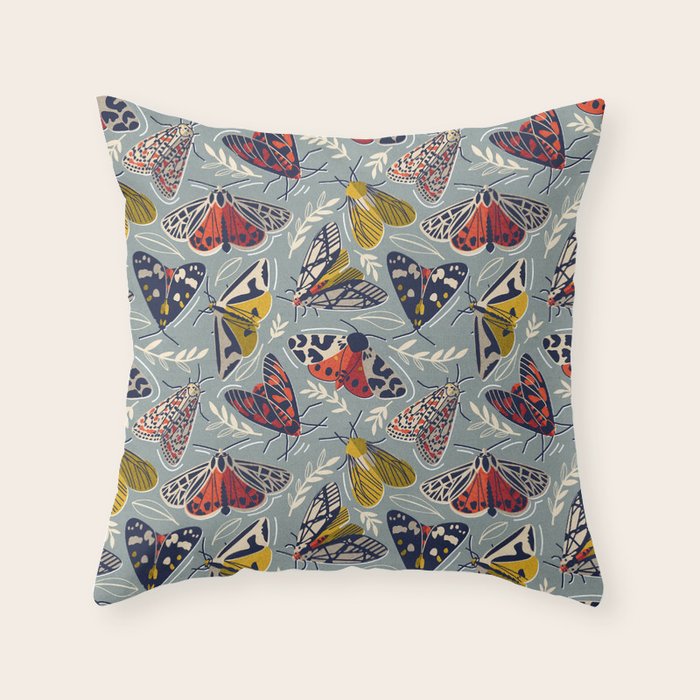 Quirky beautiful moths // morning blue textured background oxford navy blue ivory yellow and red tiger moth insects Throw Pillow Gallery Image 1