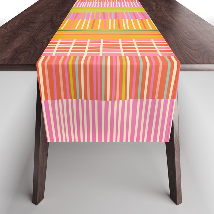 Spring Patchwork Whimsical Finnish Stripe Pattern Pink Orange Lime Table Runner Gallery Image 1