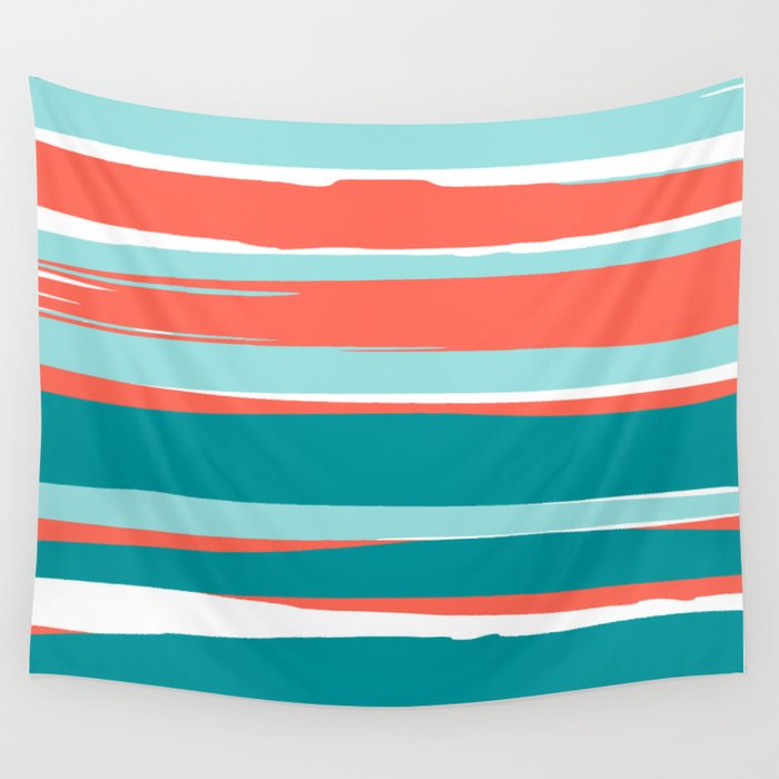 Colorful Stripes, Coral, Teal and Aqua Wall Tapestry Gallery Image 4