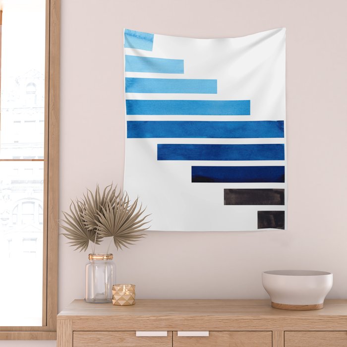 Prussian Blue Midcentury Modern Minimalist Staggered Stripes Rectangle Geometric Aztec Pattern Water Wall Tapestry Gallery Image 2