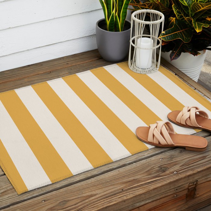 Mustard Yellow And Cream White Vertical Stripes Outdoor Rug Gallery Image 2