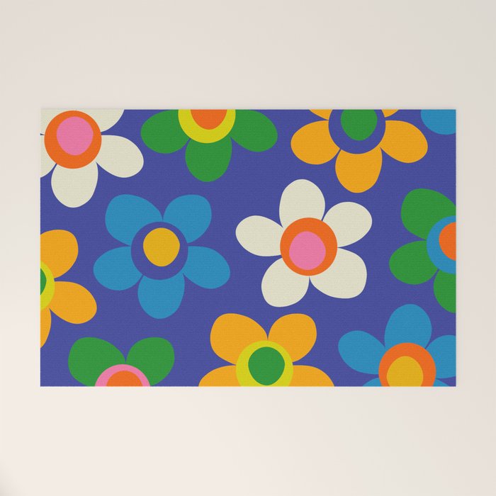 Cute and Cheerful Maisie Flowers Colorful Blue Floral Pattern Welcome Mat Gallery Image 1