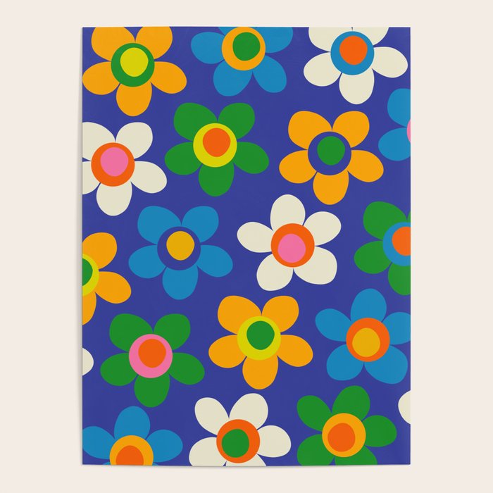 Cute and Cheerful Maisie Flowers Colorful Blue Floral Pattern Poster Gallery Image 4