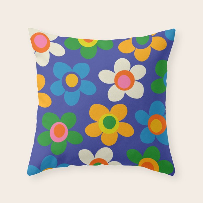 Cute and Cheerful Maisie Flowers Colorful Blue Floral Pattern Throw Pillow Gallery Image 1