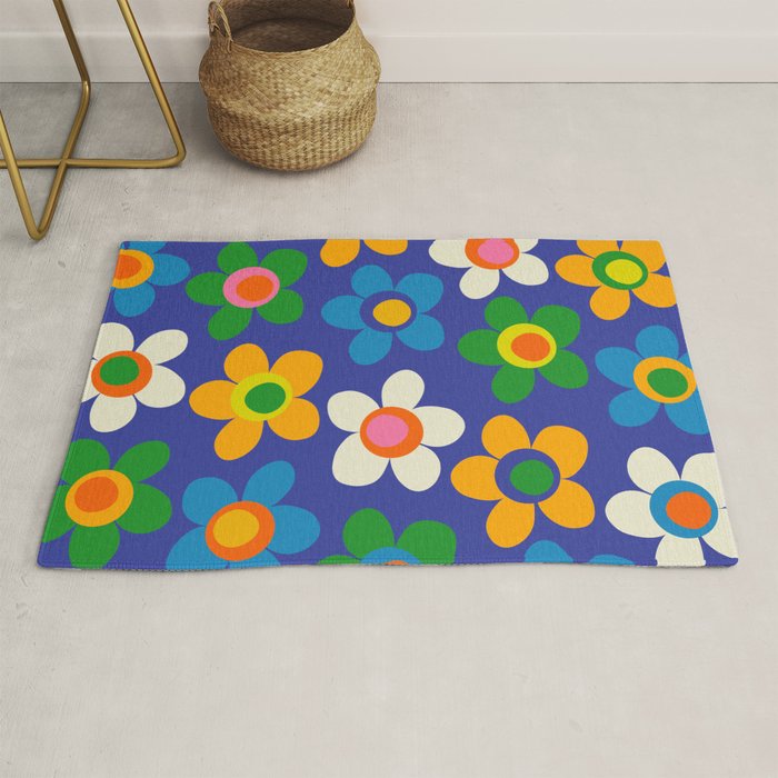 Cute and Cheerful Maisie Flowers Colorful Blue Floral Pattern Rug Gallery Image 1