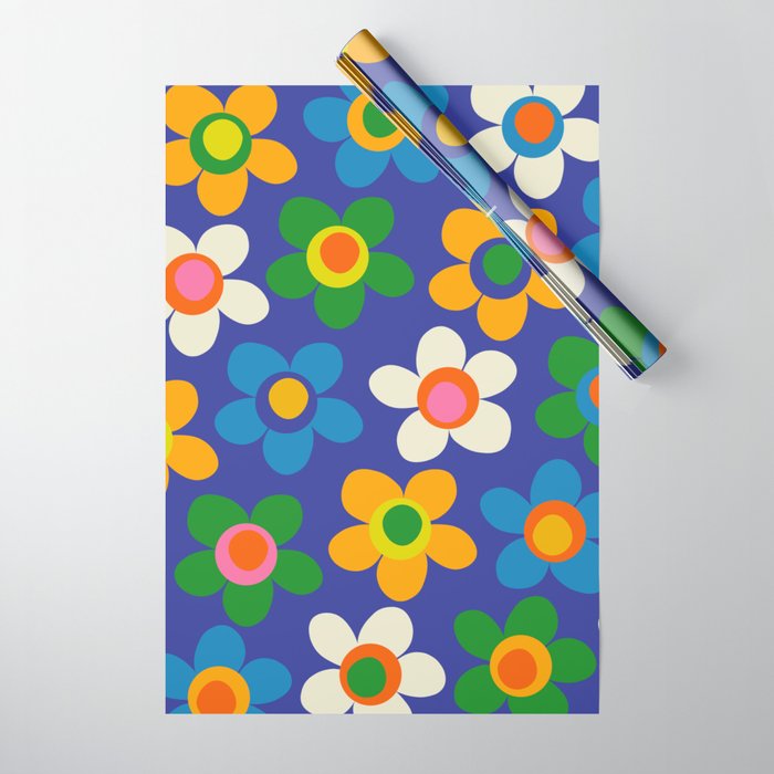 Cute and Cheerful Maisie Flowers Colorful Blue Floral Pattern Wrapping Paper Gallery Image 1