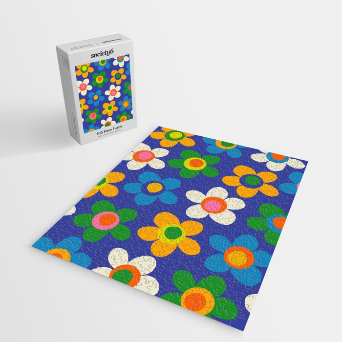 Cute and Cheerful Maisie Flowers Colorful Blue Floral Pattern Jigsaw Puzzle Gallery Image 2