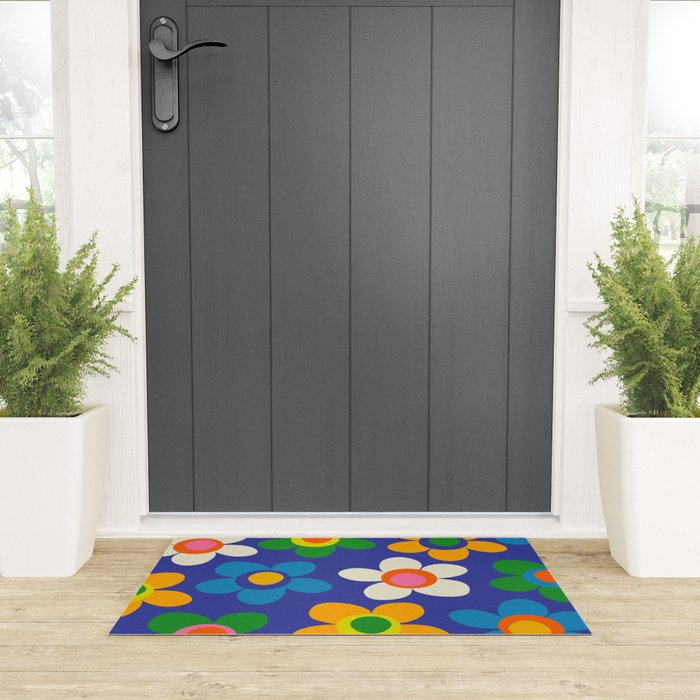 Cute and Cheerful Maisie Flowers Colorful Blue Floral Pattern Welcome Mat Gallery Image 3