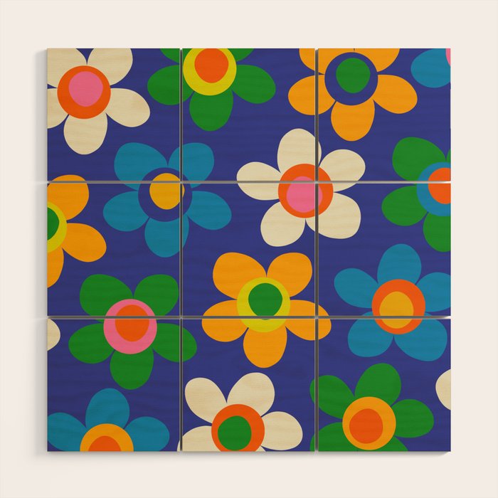 Cute and Cheerful Maisie Flowers Colorful Blue Floral Pattern Wood Wall Art Gallery Image 1