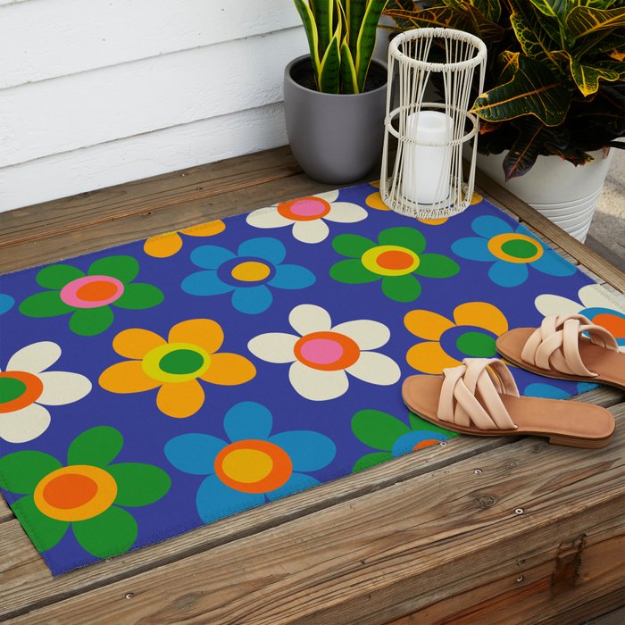 Cute and Cheerful Maisie Flowers Colorful Blue Floral Pattern Outdoor Rug Gallery Image 2