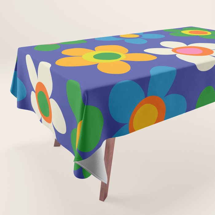 Cute and Cheerful Maisie Flowers Colorful Blue Floral Pattern Tablecloth Gallery Image 1
