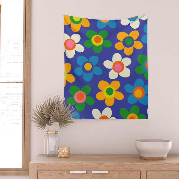 Cute and Cheerful Maisie Flowers Colorful Blue Floral Pattern Wall Tapestry Gallery Image 2