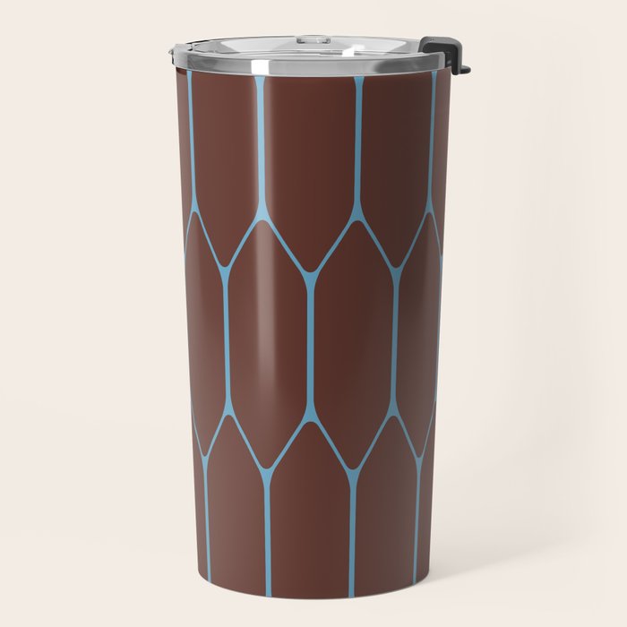 Minimalist Geometric Long Honeycomb Pattern in Dark Brown and Light Blue Travel Mug Gallery Image 2