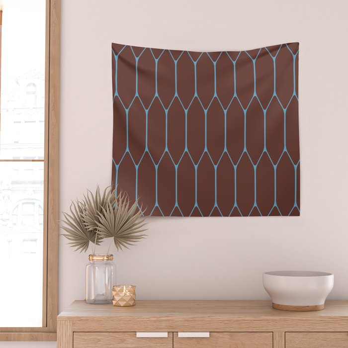 Minimalist Geometric Long Honeycomb Pattern in Dark Brown and Light Blue Wall Tapestry Gallery Image 2