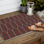 Minimalist Geometric Long Honeycomb Pattern in Dark Brown and Light Blue Outdoor Rug Gallery Image 2