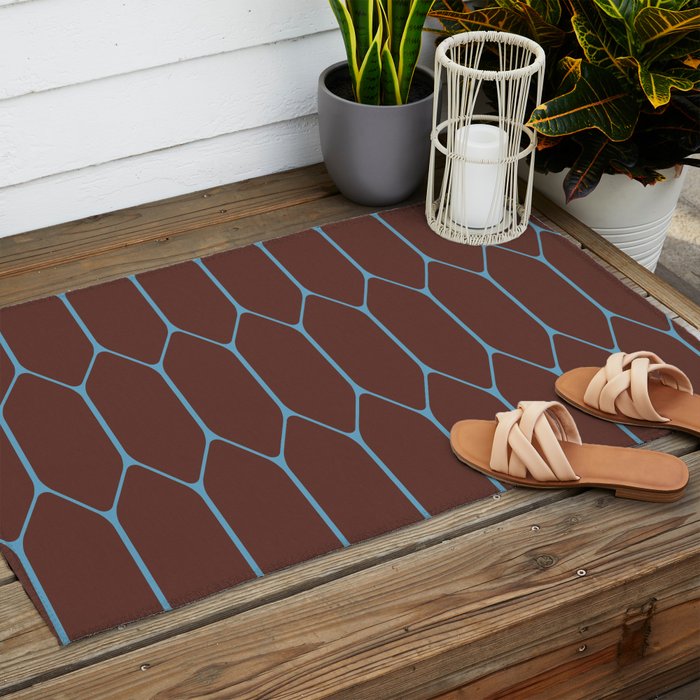 Minimalist Geometric Long Honeycomb Pattern in Dark Brown and Light Blue Outdoor Rug Gallery Image 2