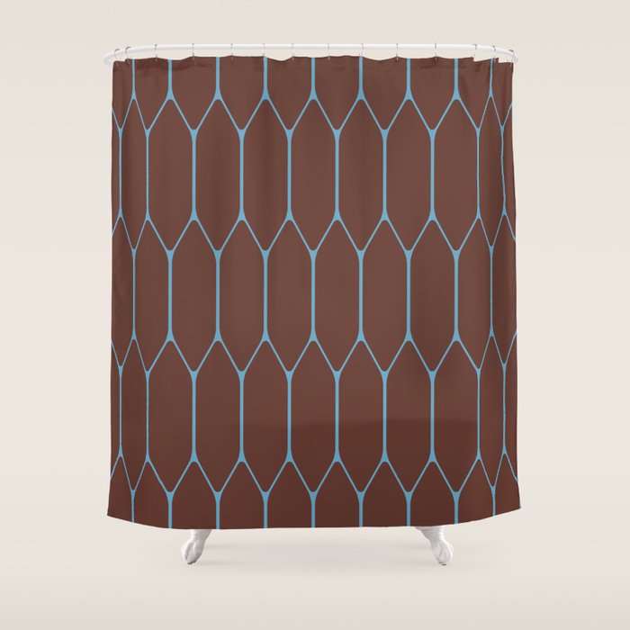Minimalist Geometric Long Honeycomb Pattern in Dark Brown and Light Blue Shower Curtain Gallery Image 1