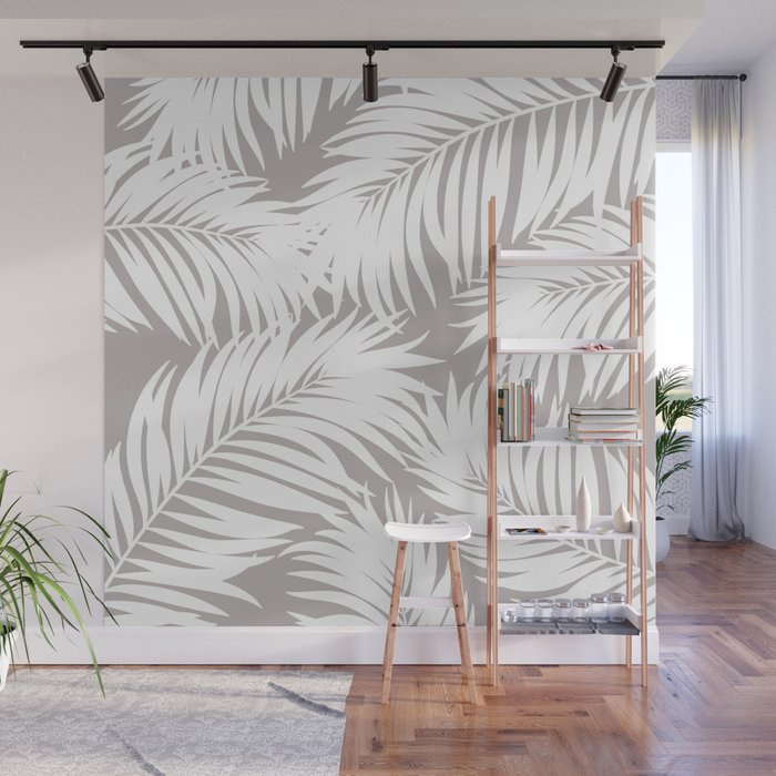 Palm Tree Fronds White on Soft Grey Hawaii Tropical Décor Wall Mural Gallery Image 1