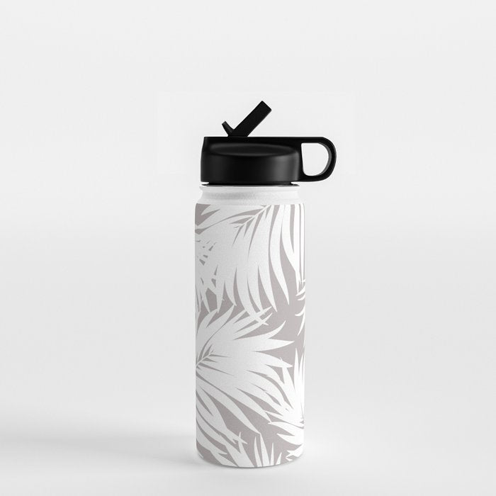 Palm Tree Fronds White on Soft Grey Hawaii Tropical Décor Water Bottle Gallery Image 1