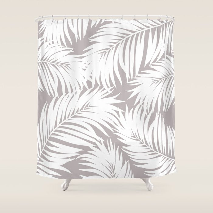 Palm Tree Fronds White on Soft Grey Hawaii Tropical Décor Shower Curtain Gallery Image 1