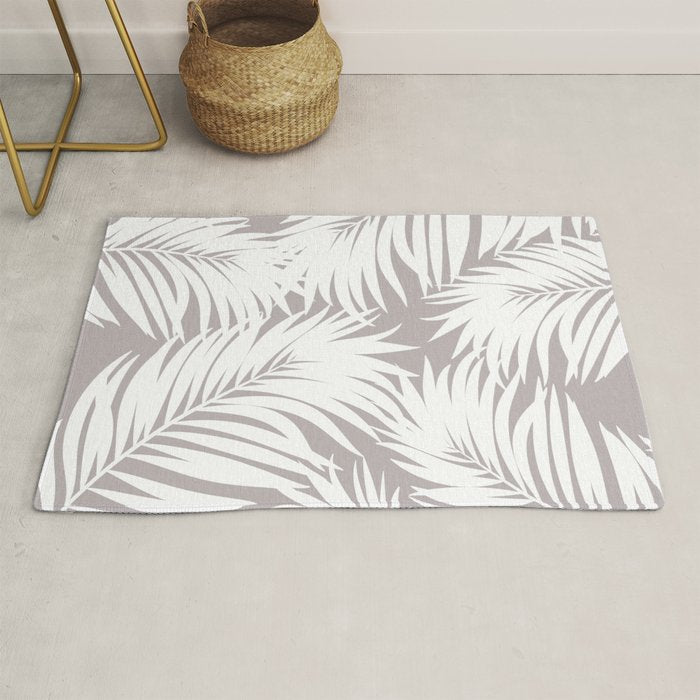 Palm Tree Fronds White on Soft Grey Hawaii Tropical Décor Rug Gallery Image 1