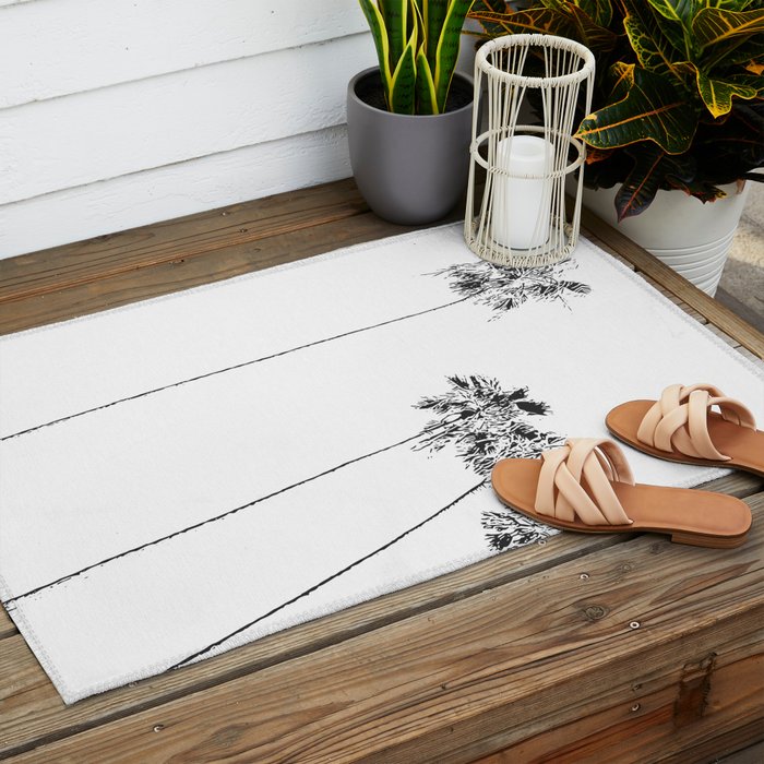 Minimal Black and White Palm Trees Outdoor Rug Gallery Image 2