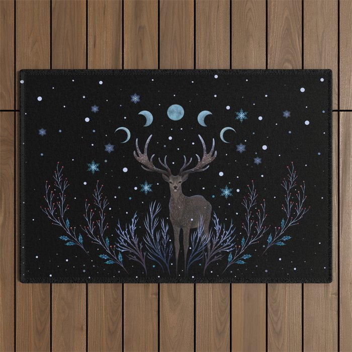 Deer in Winter Night Forest Outdoor Rug Gallery Image 1