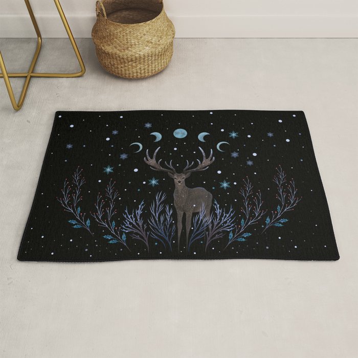 Deer in Winter Night Forest Rug Gallery Image 1