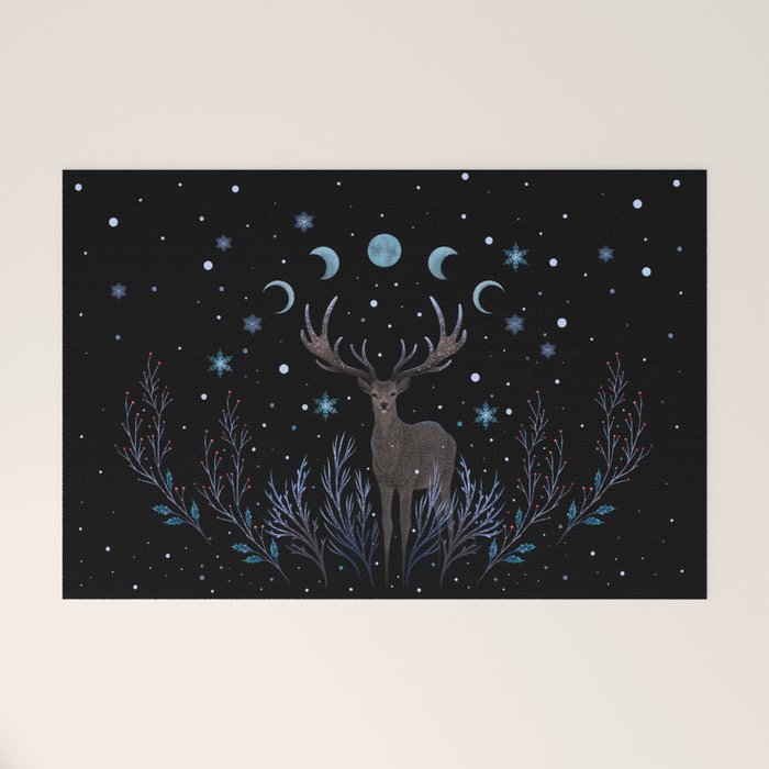 Deer in Winter Night Forest Welcome Mat Gallery Image 1