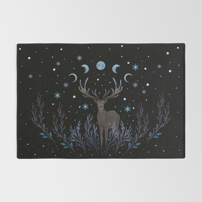 Deer in Winter Night Forest Rug Gallery Image 2