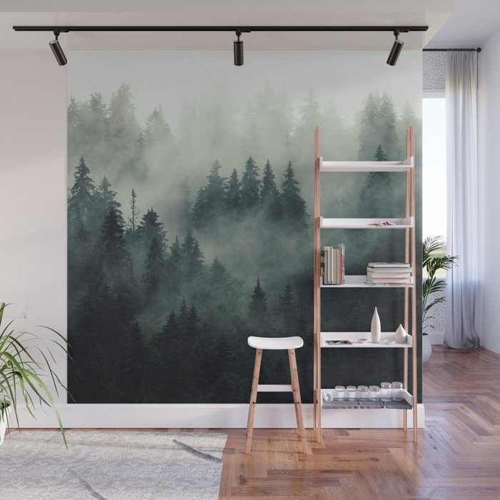 Green misty mountain pine forest in cloudy and rainy - vintage style photo Wall Mural Gallery Image 1